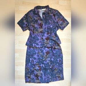 Y2K TanJay Purple Abstract Floral Button Down Top And Wrap Maxi Skirt Set